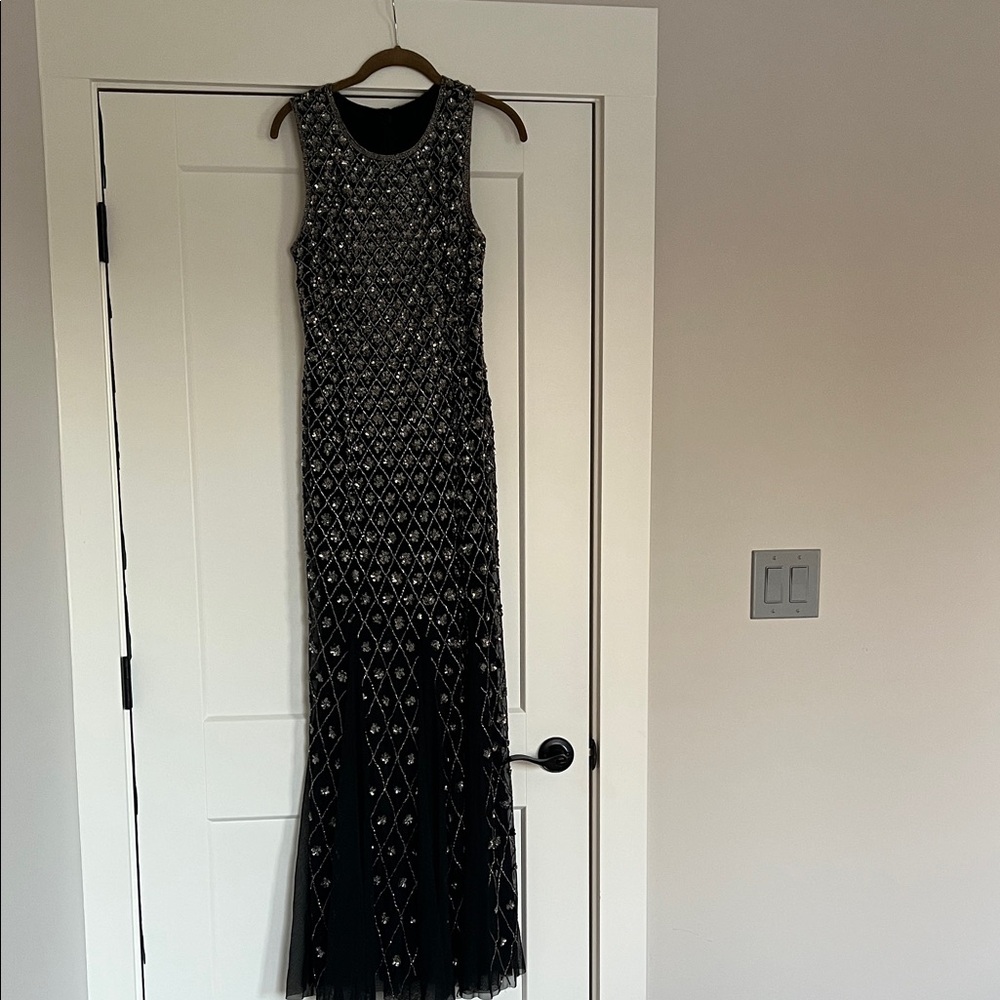 Adrianna Papell Black and Silver Beaded Maxi Dress